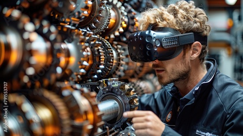 Engineer wearing virtual reality goggles, interacting with a 3D model of a machine part photo