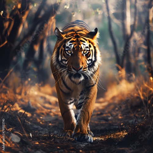 A tiger is walking through a forest.