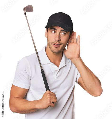 Young Hispanic man with golf club trying to listening a gossip.