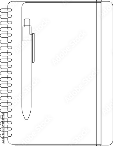Single continuous line drawing of notebook with a pen above work desk. Notepad and pencil one line vector.