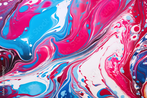 Abstract background of pink and blue spots and waves of liquid glossy paint 