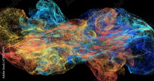 Abstract slow motion shot of mixing Particle Fluid isolated on black. Ink swirling underwater. Colored cloud abstract explosion animation. 3D render