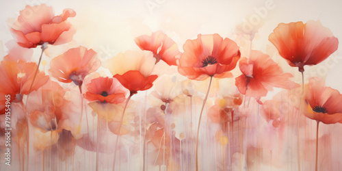 Red poppies watercolor painting. Delicate illustration of red poppies. Aquarelle paper texture visible.