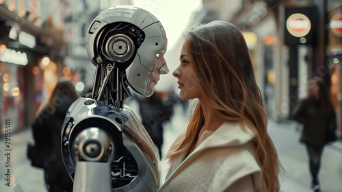 Roboter und Frau stehen sich nah gegenüber - Roboterliebe?
