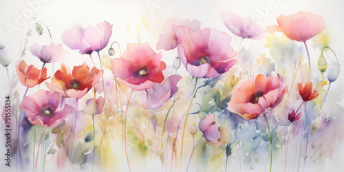 Red and purple poppies watercolor painting. Delicate illustration of red poppies. Aquarelle paper texture visible.