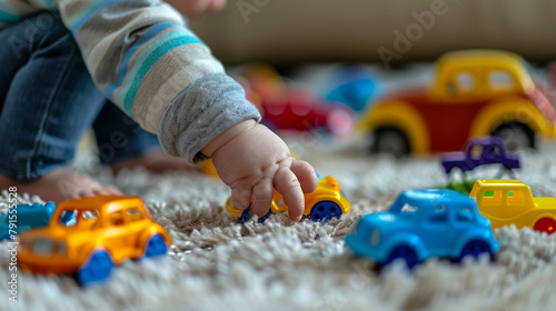 A close-up of a baby's hand reaching out to grab a vibrant toy car with other colorful toys scattered around on a fluffy rug capturing the joy and wonder of early childhood exploration.