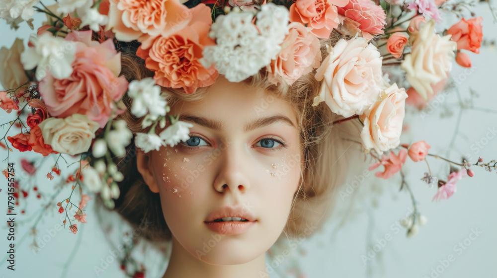 minimal style woman in fashion outfit with flowers on her head pastel color palette