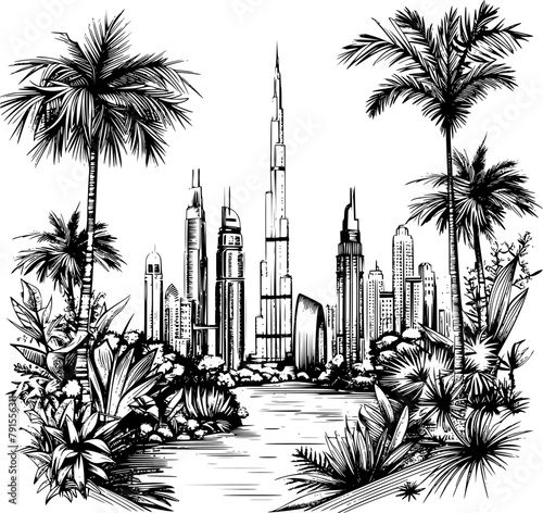 Urban Dubai City Skylines Line Art with Greenery, Detailed Sketch