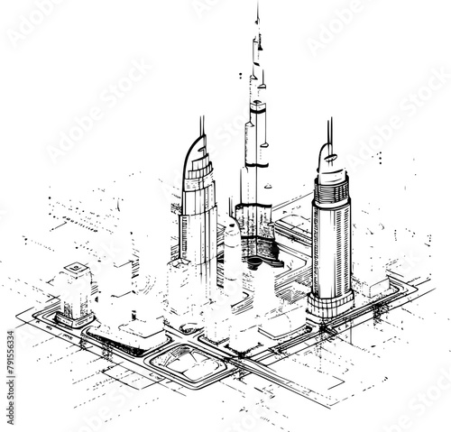 Isometric Wireframe of Dubai City, Minimalistic Hologram