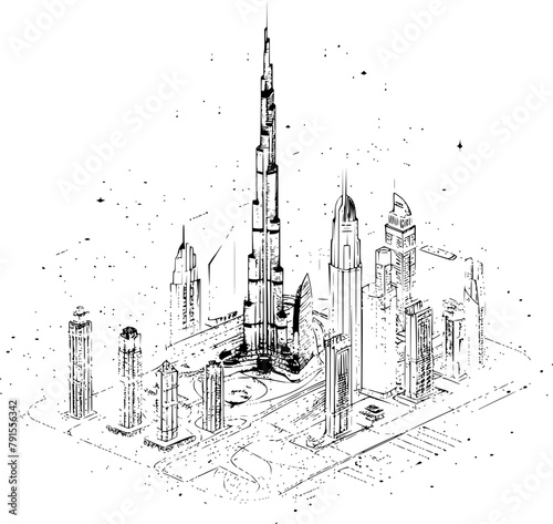 Isometric Wireframe of Dubai City, Minimalistic Hologram