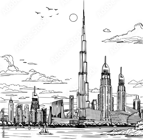 Outline Realistic Image of Sightseeing in Dubai, Coloring Book Illustration