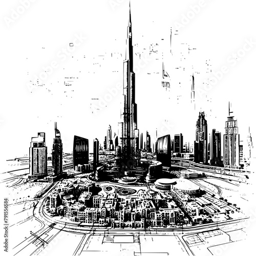 Blueprint of Dubai City Neighborhood, Tall Buildings Sketch
