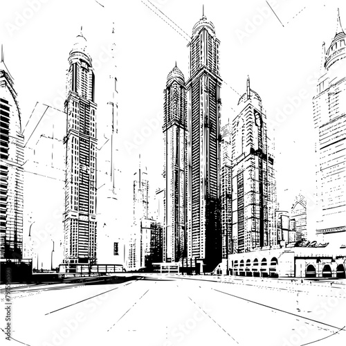 Blueprint of Dubai City Neighborhood, Tall Buildings Sketch