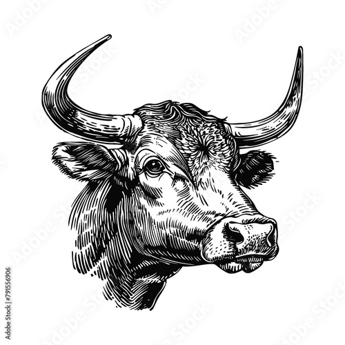 bull engraving black and white outline