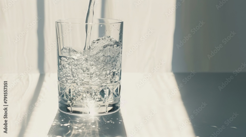 Clear water pouring into a crystal glass, creating bubbles and splashes on a sunny day with shadows. Clear water pouring into a crystal glass, creating bubbles and splashes on a sunny day with shadows.