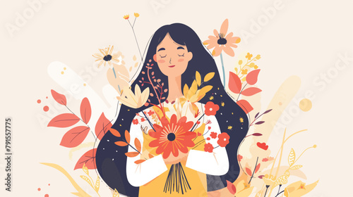 Beautiful woman holding a flowers bouquet in hands. isolated