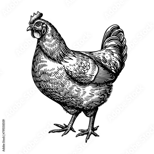 chicken engraving black and white outline