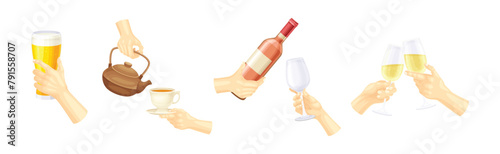 Hand Holding Drink and Different Beverage Vector Set