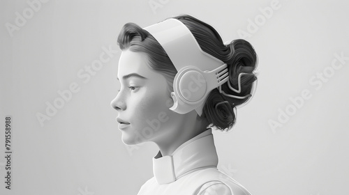 futuristic woman portrait simple minimal white in headphones