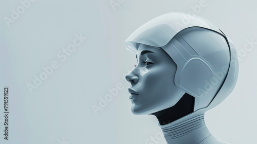 futuristic woman portrait simple minimal in helmet, white colour palette