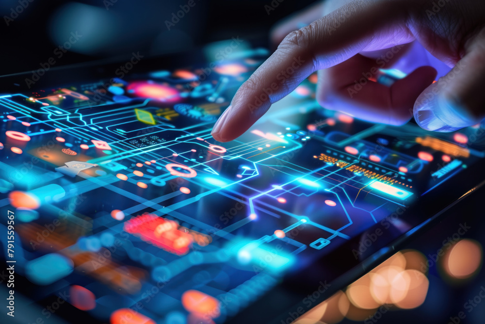 Hand on the touch screen. Digital transformation and system engineering. Hi-Tech futuristic background. Created with Generative AI technology. Hand on the touch screen. Digital transformation and system engineering. Hi-Tech futuristic background. Created with Generative AI technology.