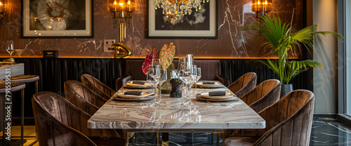 A chic dining area with a marble-topped table and velvet upholstered chairs, lit by a cascading chandelier.