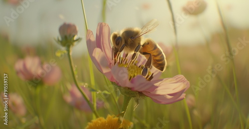 Bee sitting on top of a flower in a field. Generative AI. B001