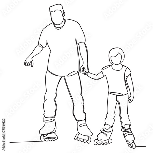 continuous single drawn one line of the daddy with a daughter roll on rollers painted by hand picture silhouette. Line art. character child with dad rides rollerblades