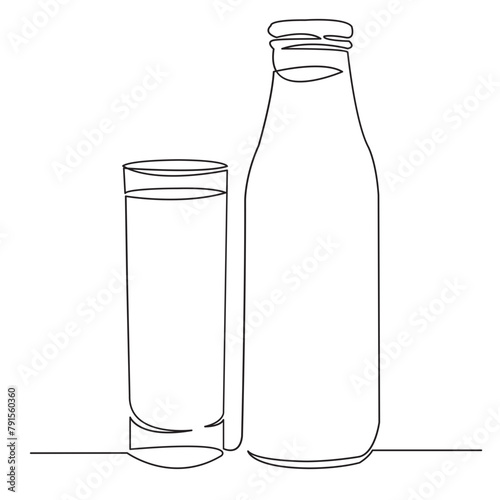 continuous single drawn one line a glass of milk and a milk bottle drawn from the hand a picture of the silhouette. line art.