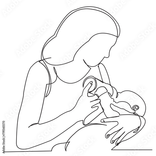 continuous single drawn one line mom feeds the toddler from the bottle drawn from the hand picture silhouette. Line art. baby is eating from a bottle