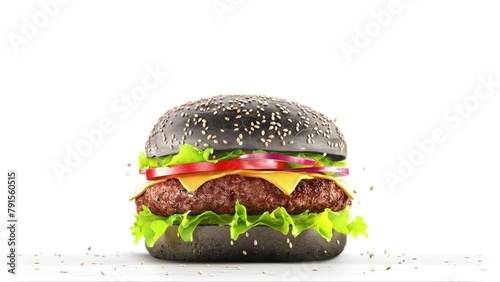 Burger falling beef, bun, vegetables slow motion, depth of field (ID: 791560515)