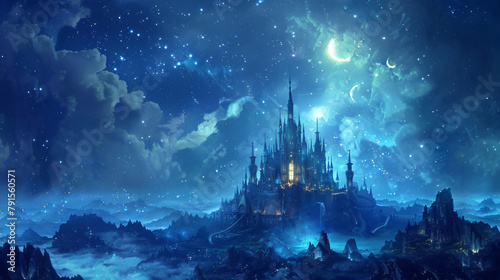 Magical kingdom glowing castle silver moonlight  © UsamaR