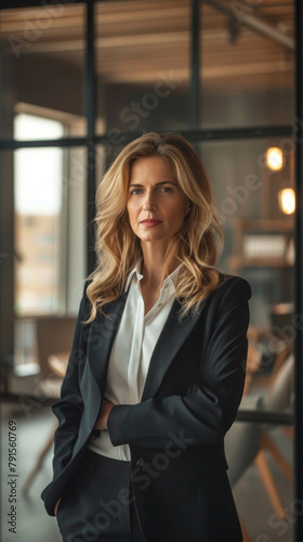 A woman in a business suit stands in front of a window © liliyabatyrova
