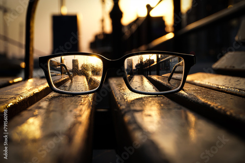 Close up of eyeglasses on bench