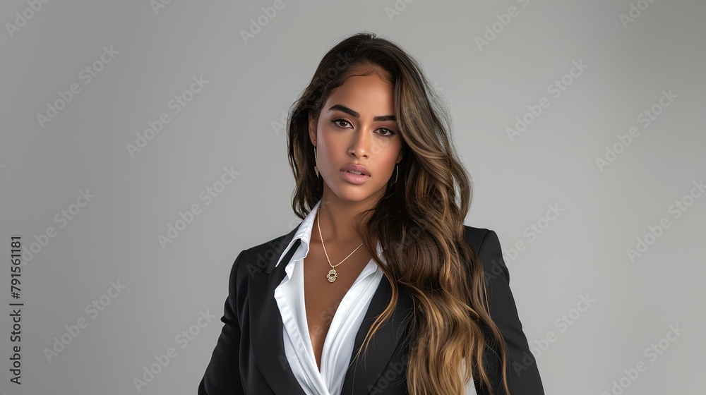female model against a clean, natural color background. sleek styling, beautiful woman dressed in a chic ensemble that balances clean lines with bold design elements. generative AI female model against a clean, natural color background. sleek styling, beautiful woman dressed in a chic ensemble that balances clean lines with bold design elements. generative AI