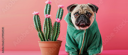 A pug in a cactus costume, its outfit complete with little pink flowers, posing beside a pot of real cacti photo