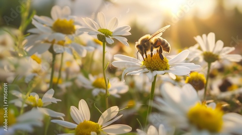 Bee sitting on top of a flower in a field. Generative AI. B003