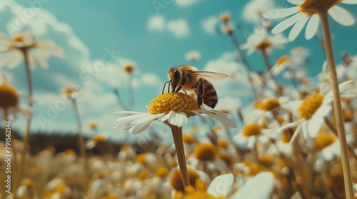 Bee sitting on top of a flower in a field. Generative AI. B004