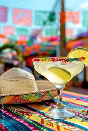 Cinco de Mayo Mexican colorful summer fiesta party sombrero hat maracas margarita cocktail table colorful Mexican decorations. With the exotic beach  Cinco de Mayo  as a backdrop mexican banner.