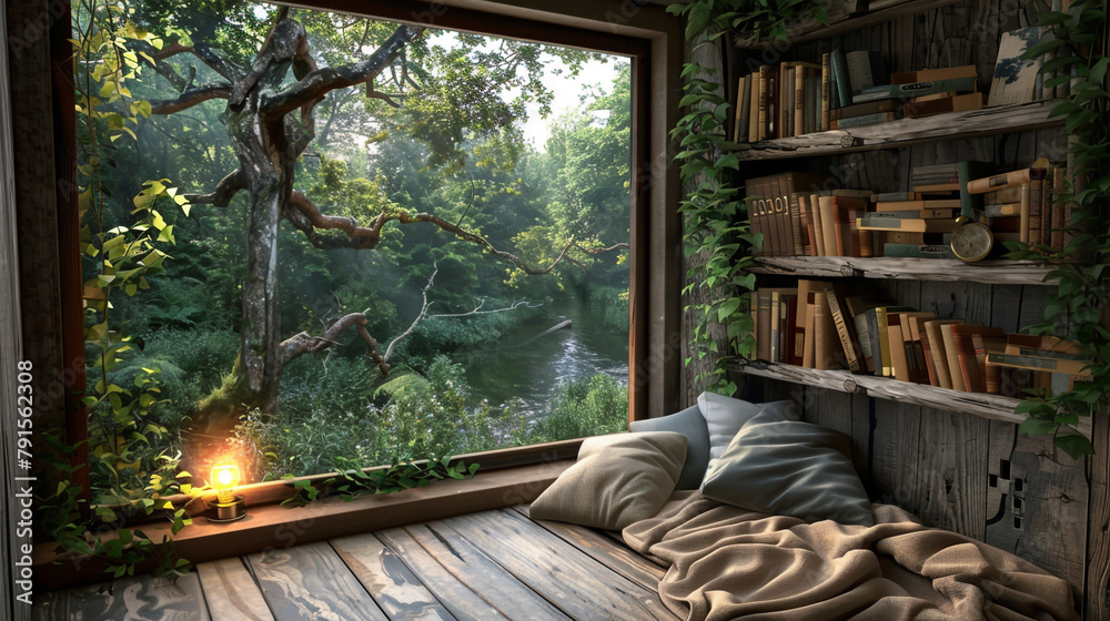 A reading corner with a forest-view window. A reading corner with a forest-view window.