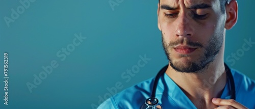 A male doctor in a medical uniform, attentively listening to a patient's heartbeat with a stethoscope against a blue background. photo