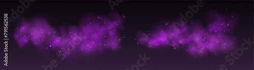 Purple magic smoke with stars and sparkles, fog with glowing particles, colorful vapor with star dust. Fantasy haze overlay. Vector illustration.