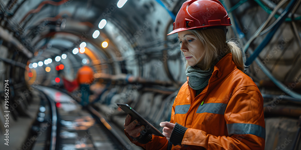 Foreman and construction worker using a digital tablet at the dark underground construction site