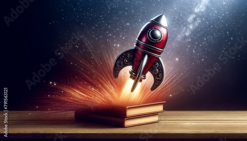 Illustration of a toy rocket perched atop a stack of books, ready for launch photo