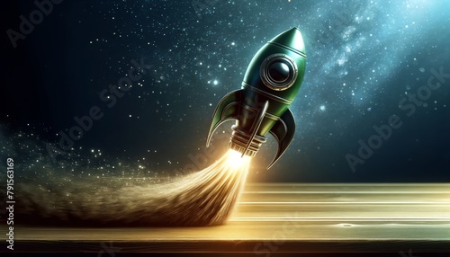 Illustration of a toy rocket perched atop a stack of books, ready for launch photo