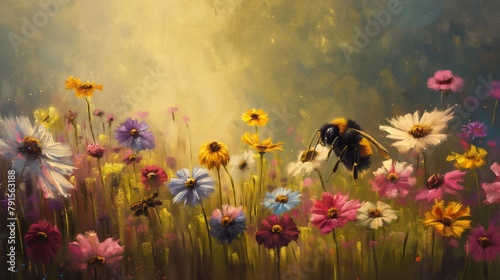 Bee sitting on top of a flower in a field, wallpaper painting.