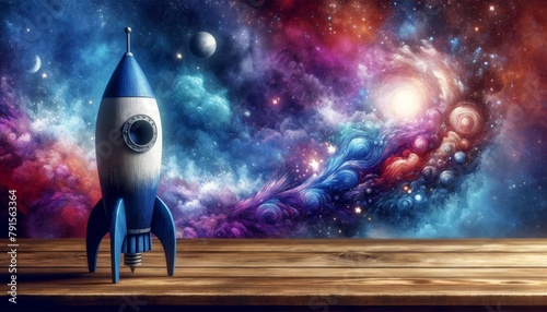 Illustration of a toy rocket perched atop a stack of books, ready for launch photo