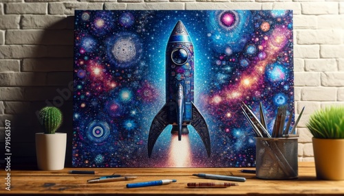 Illustration of a toy rocket perched atop a stack of books, ready for launch photo