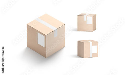 Blank white shipping label on craft box mockup, different sides (ID: 791563546)