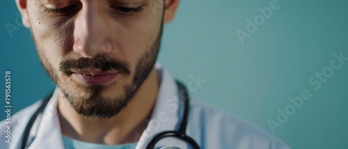 Portrait of a medical professional, stethoscope draped around his neck, performing meticulous examinations against a calming blue background. photo